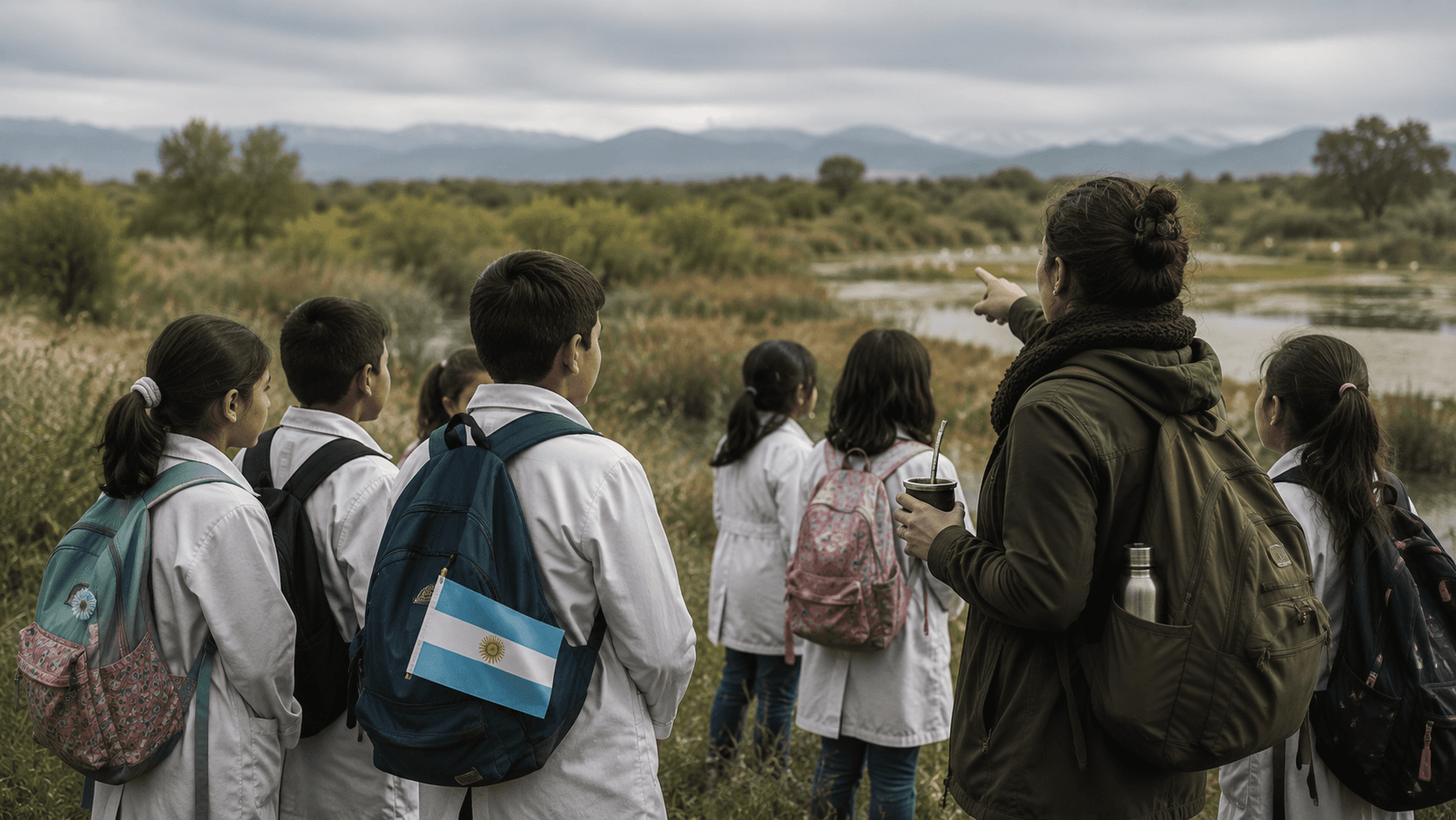 Estudiantes de una escuela rural argentina en una salida de educación ambiental junto a una guía.