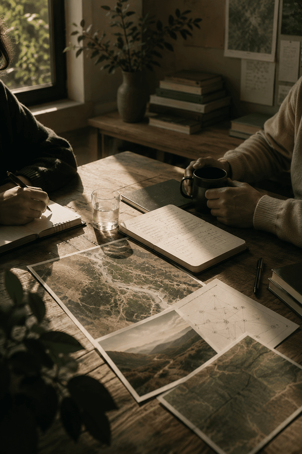 Mesa de trabajo con mapas y cuadernos que representa el trabajo colaborativo.