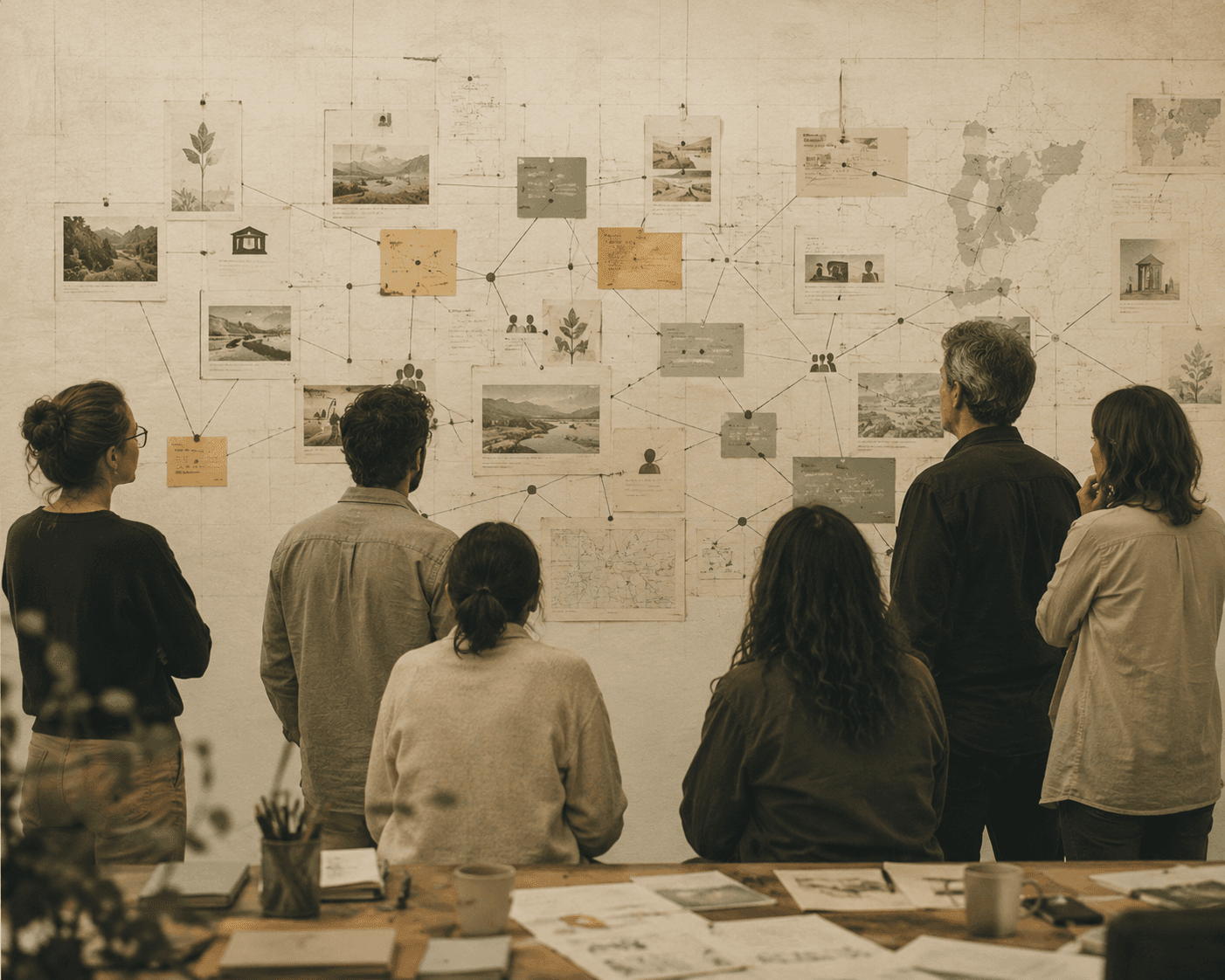 Grupo de personas observando un mural ambiental con fichas conectadas.