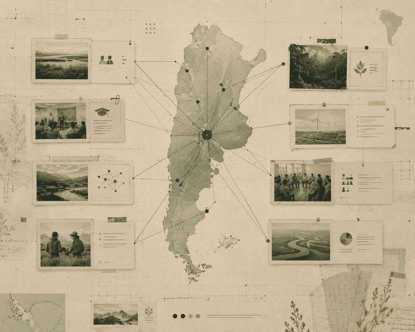 Mapa de Argentina conectado con fichas ambientales, formación, comunidad y territorio.