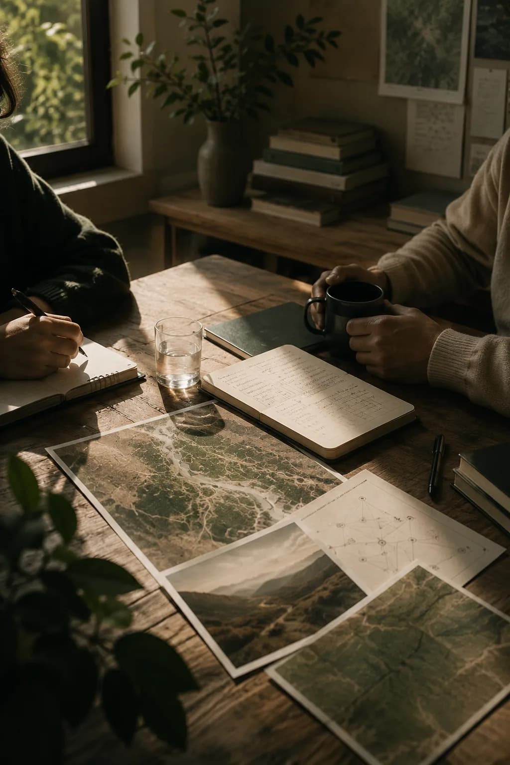 Mesa de trabajo con mapas y cuadernos.
