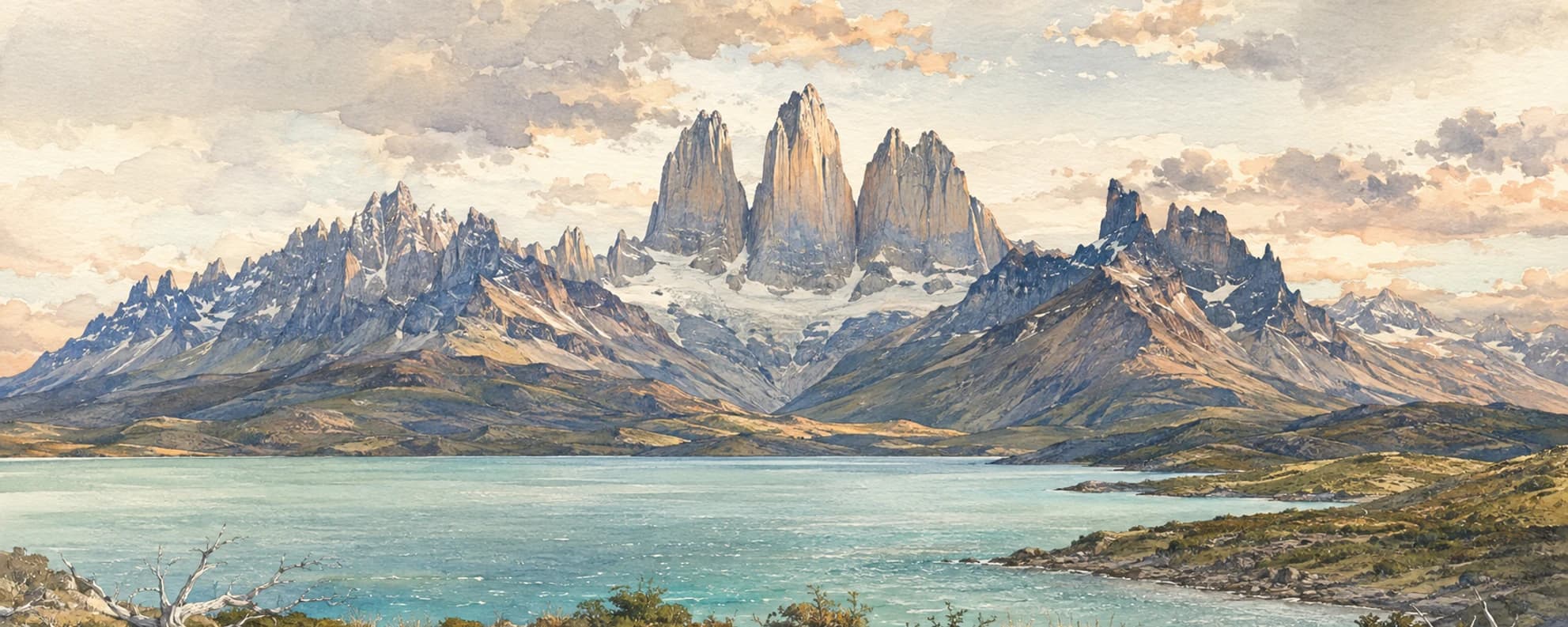 Interpretación pictórica de las Torres del Paine y sus lagos patagónicos