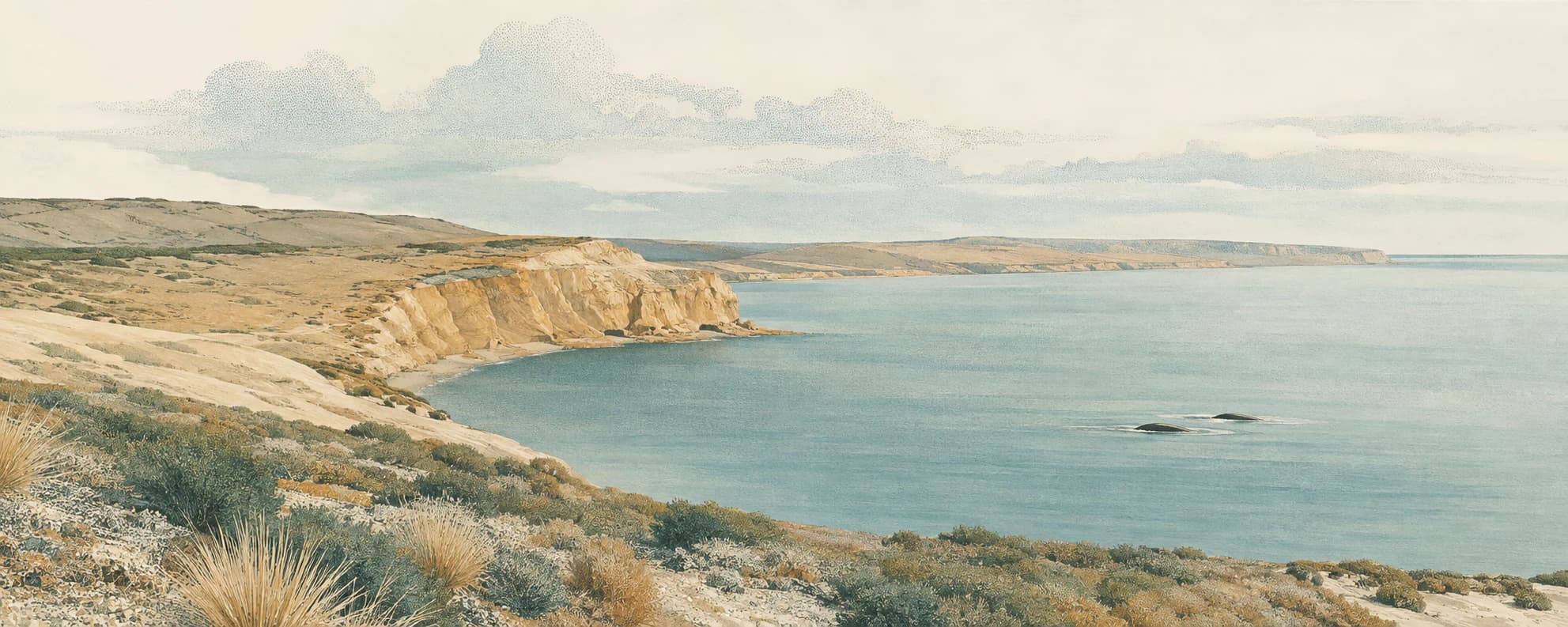 Interpretación pictórica de los acantilados y el mar de Península Valdés