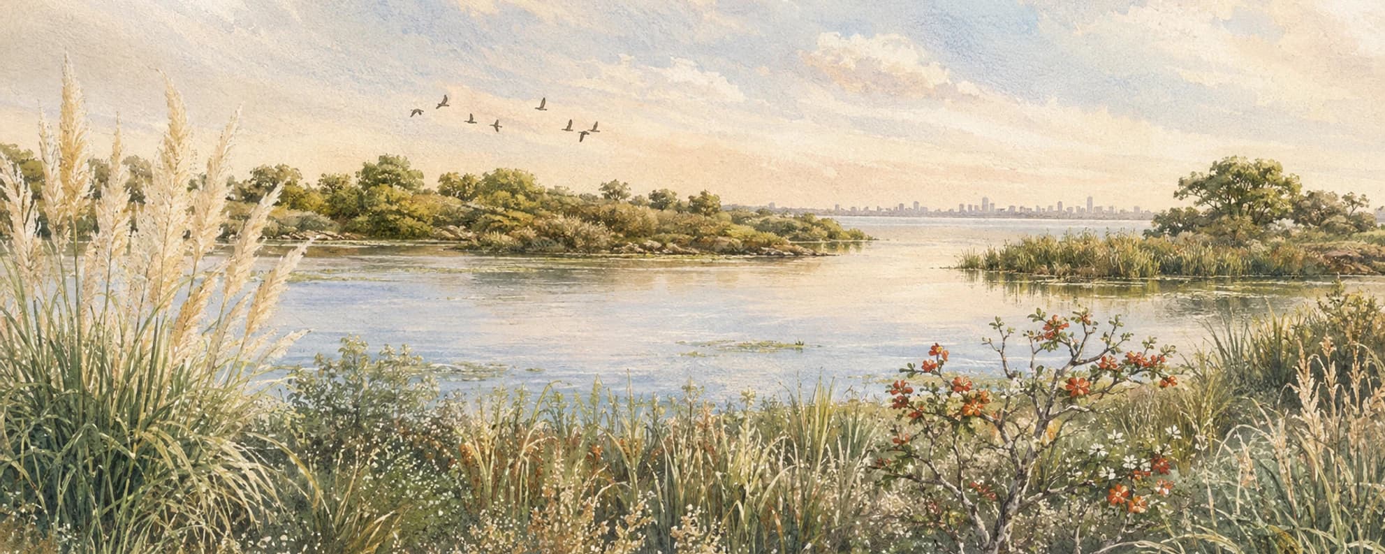 Interpretación pictórica de los humedales de Costanera Sur frente al perfil de Buenos Aires