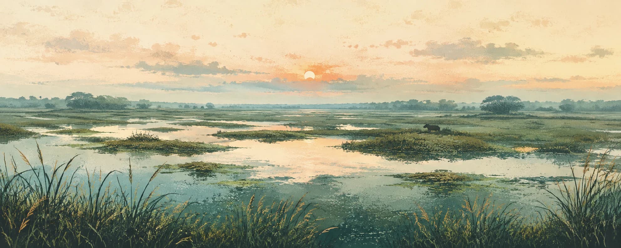 Interpretación pictórica de los esteros, pastizales y lagunas del Iberá