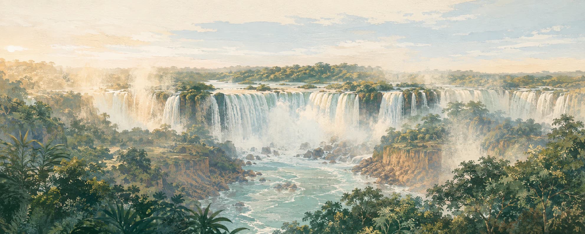 Interpretación pictórica de las Cataratas del Iguazú entre selva y bruma