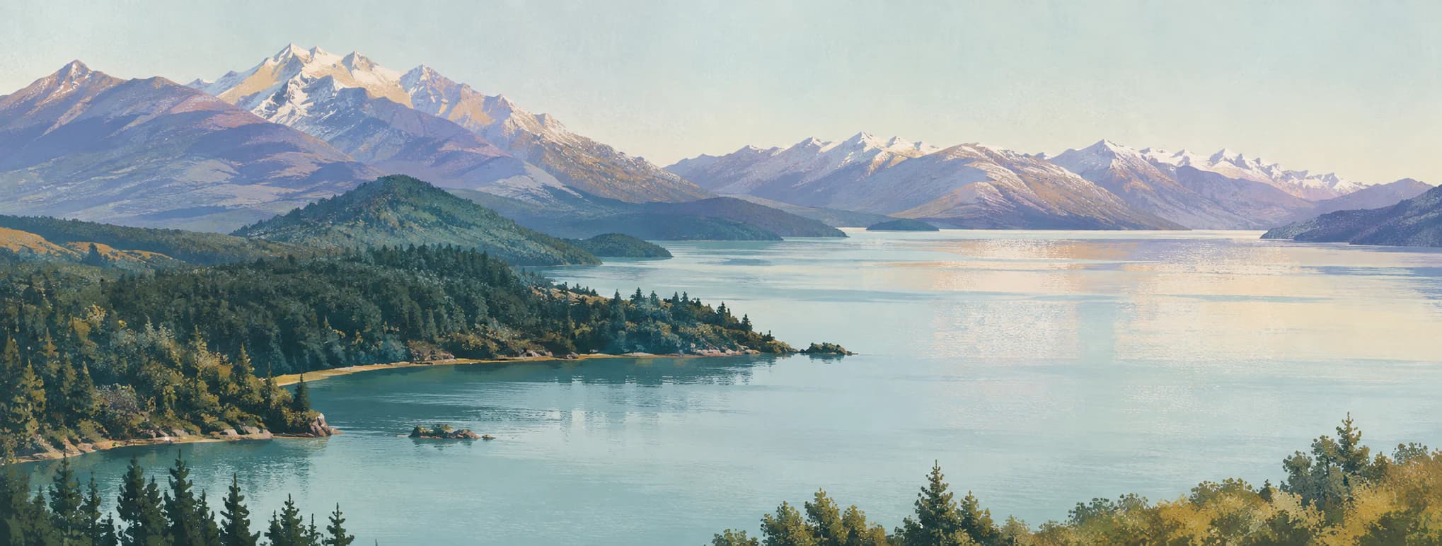 Interpretación pictórica del lago Nahuel Huapi y la cordillera rionegrina