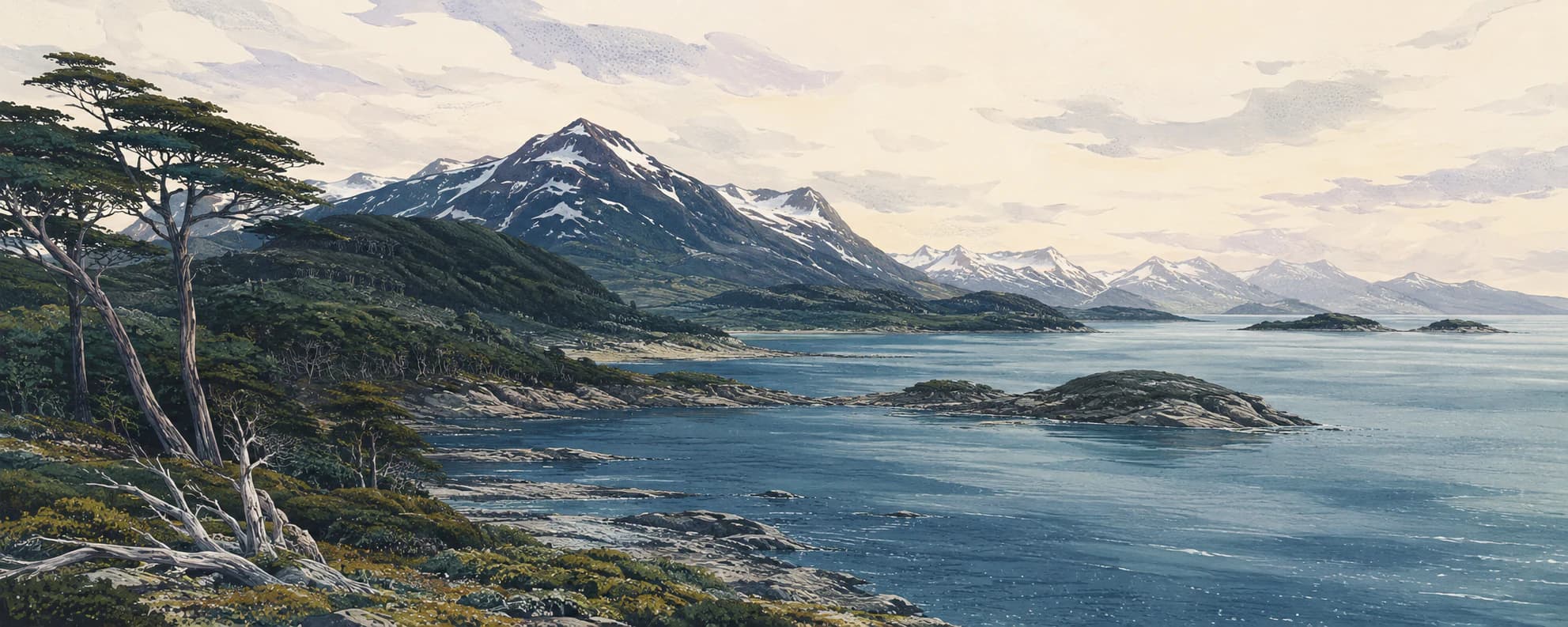 Interpretación pictórica del Canal Beagle y las montañas fueguinas