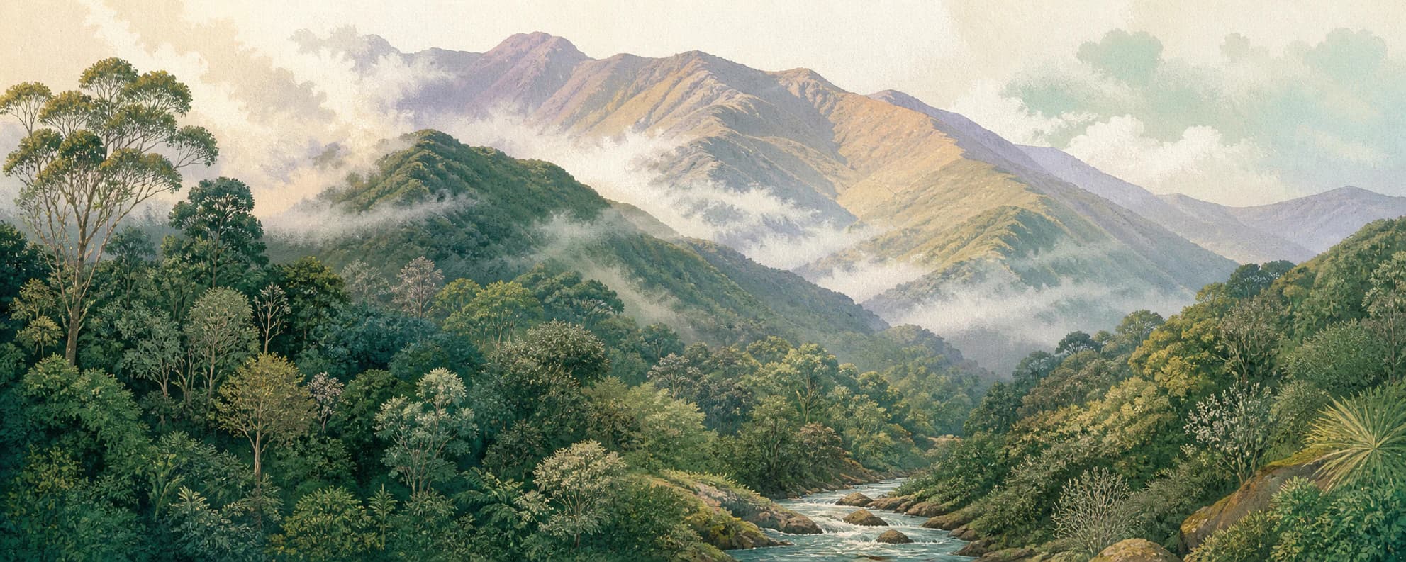 Interpretación pictórica de la Sierra del Aconquija entre yungas y nubes