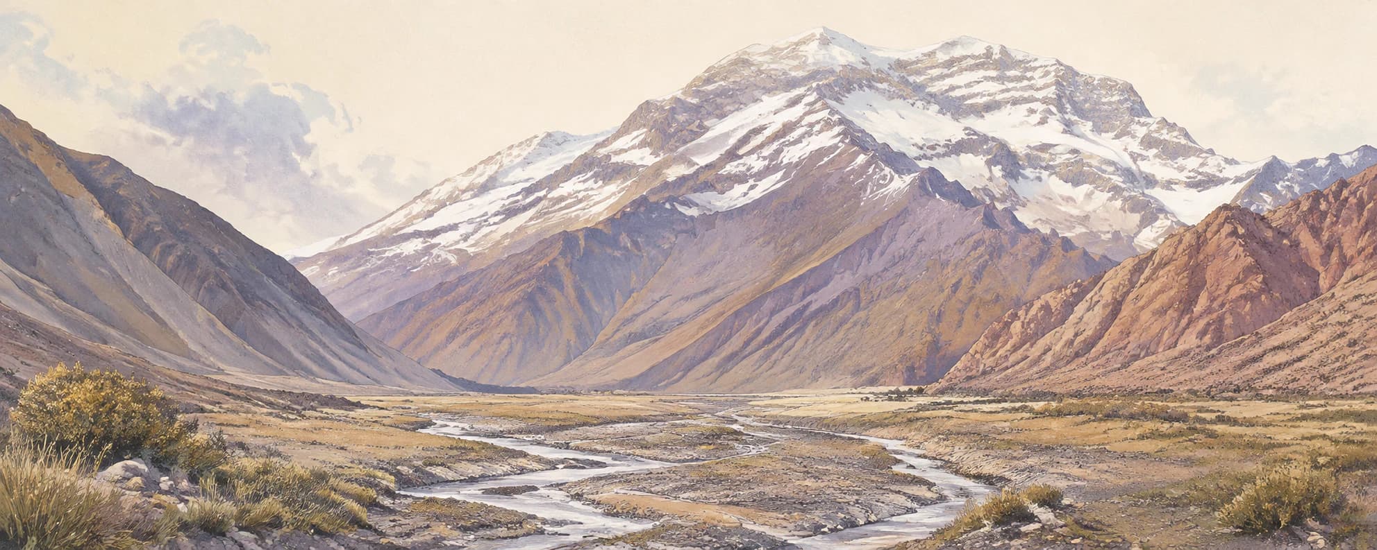 Interpretación pictórica del Aconcagua y los valles de alta montaña