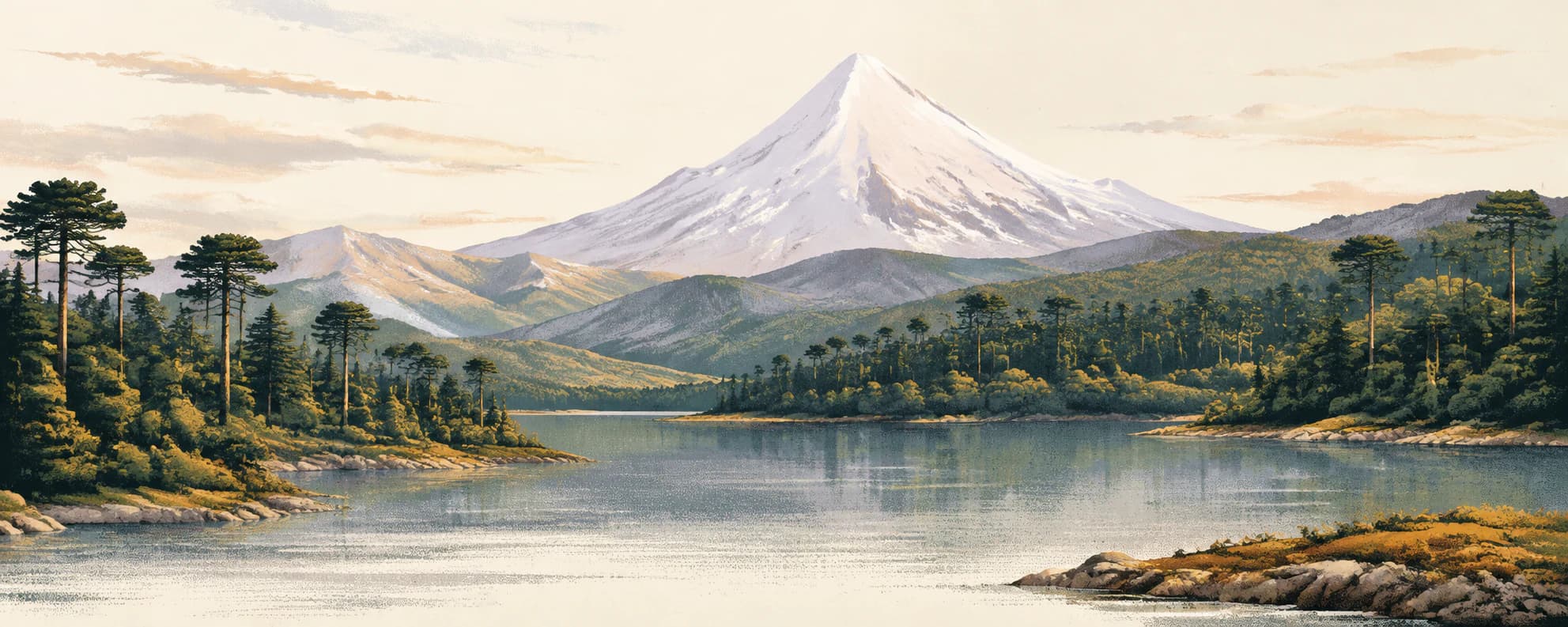 Interpretación pictórica del volcán Lanín entre bosques y lagos patagónicos